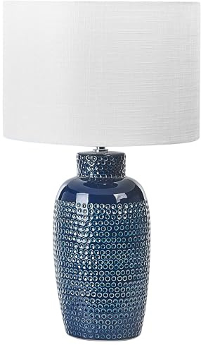 Beliani Tischlampe aus Keramik Nachttischlampe weißer Trommelschirm handgefertigt Marineblau Perlis