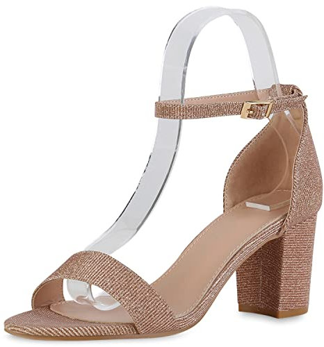 VAN HILL Damen Riemchensandaletten Sandaletten Blockabsatz Schuhe Party Riemchenschuhe Glitzer Abendschuhe Partyschuhe 211233 Rose Gold 38
