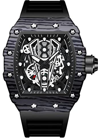 FORSINING Män mode kvarts klocka skelett rektangel stor urtavla analog herrarmbandsur avslappnad affärer silikonrem militärklockor, Svart B, armband
