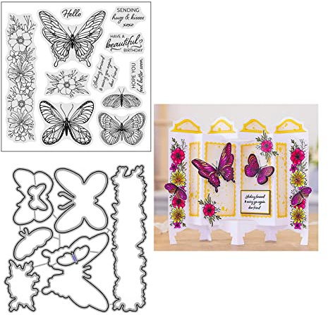 Qoiseys Schmetterlinge und Blumen Stempel und Stanzschablonen Set,Clear Stempel und Stanzen Set Basteln Prägeschablone,Silikonstempel Metall Die Stanzen für DIY Scrapbooking Fotoalbum