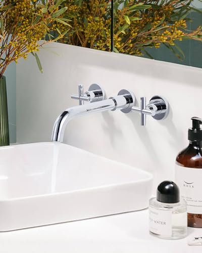 iVIGA Robinet de Lavabo Mural, Rotatif à 360°, Double Poignée Contrôle, 3 Trous de Montage Mural Encastré, Robinets de lavabo Salle de Bains pour Baignoire Mitigeur Lavabo Robinetterie Vasque, Chromé