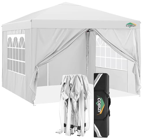 COBIZI Tonnelles de Jardin de 3x3m Tonnelles Pliante avec des côtés Tente instantanée Commerciale de chapiteau de Patio Tente résistante, Imperméable(3mx3m, Blanc)