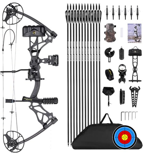PANDARUS Compound Bow Package for Adults and Teens, 0-70 Lbs Draw Weight Limbs Made in USA,Lightweight Design，with Archery Hunting Equipment, Limited Life-time Warranty(Black Right Handed Pro)