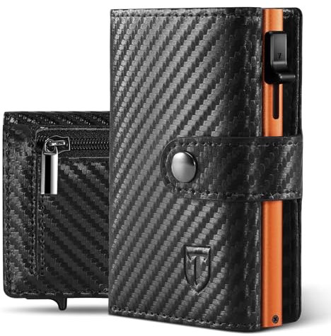 Tomylv Portafoglio Uomo Slim RFID Blocking, Fibra di Carbonio Porta Carte di Credito Uomo - ID Window, Tasca Portamonete con Cerniera, Scomparto per Banconota, Confezione Regalo - Nero Arancione