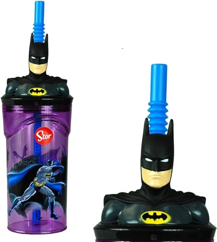 Golddunes Bicchiere in plastica con personaggio dei cartoni animati 3D per bambini, con cannuccia flessibile, 360 ml (Batman)