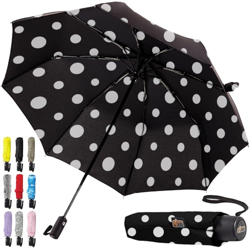 GORILLA GRIP Compact Travel Size Umbrella for Rain, Polka Dots