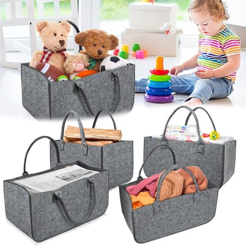 JOIEYOU Filztasche, Holzkorb Filzkorb Kaminholzkorb Kaminholztasche aus Filz, Filztaschen für Holz, Zeitungen, Kaminholz, 55x30x40cm, Grau, 4 Stücke