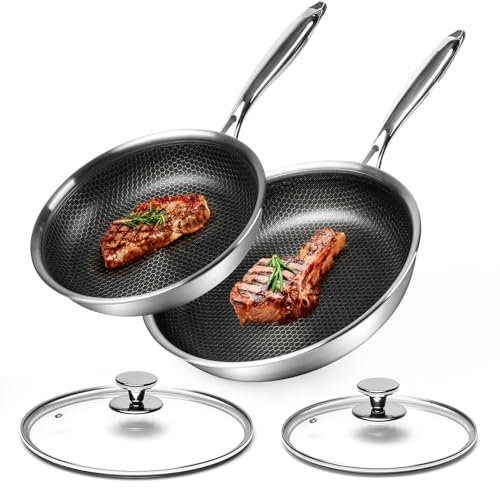 Innerwell Set di padelle Antiaderente 24/28 cm, 2 Pezzi Padella Acciaio Inox Induzione con Coperchio, Rivestimento a nido d'ape antigraffio, Padelle Adatte Per Forno, Universali Pentole, Senza PFOA
