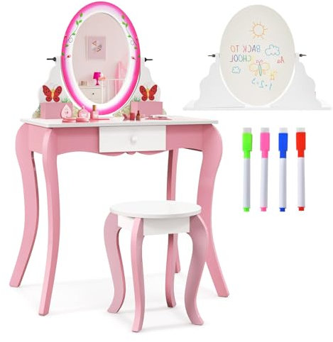 RELAX4LIFE Toeletta Trucco per Bambini, Specchio Bifacciale Girevole a 360°, Specchiera trucco con Sgabello in Legno, Lavagna Bianca con 4 Penne Colorati