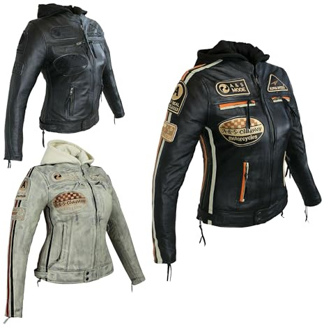 Damen Motorradjacke Lederjacke Damen Jacke mit Protektoren Lederjacke mit Kapuze Leather Jacket Biker Jacket Custom Jacke (DE/NL/SE/PL, Alphanumerisch, M, Regular, Regular, Orange gestriffen)