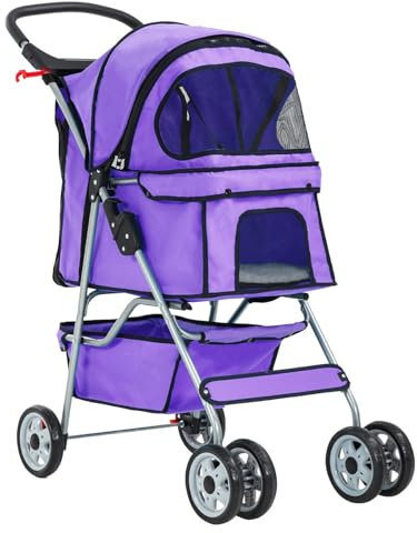 PJDDP Hunde-Kinderwagen, Zusammenklappbarer Reise-Haustier-Kinderwagen Für Kleine Und Mittelgroße Hunde, Katzen, Jogger-Kinderwagen Mit Aufbewahrungskorb, Getränkehalter,Lila