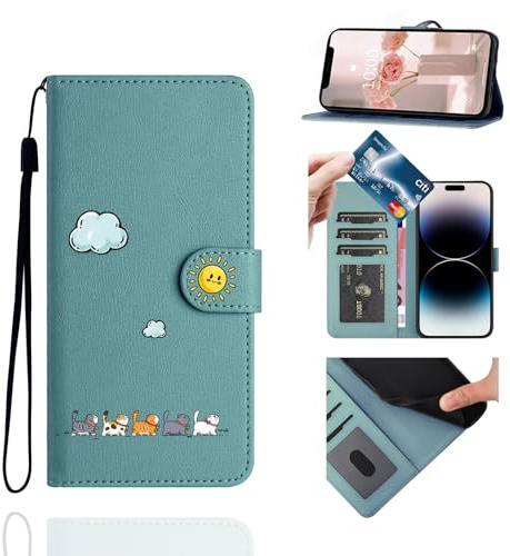 Jeffene Handyhülle für Samsung Galaxy A55 5G mit Kartenfach Klappbar,Grün | Schutzhülle mit Katzen-Motiv, Mit Lanyard, PU-Leder, Magnetverschluss, Stoßfest, 3 Kartenfächer, Ständer, Für Damen