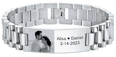 MeMeDIY Personalisiertes Armband für Herren Gravur Foto & Text Herren Edelstahl Armbänder für Papa Ehemann Verstellbare Größe Personalisiertes Schmuck Geschenk für Männer