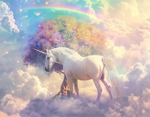 AMUGISH Wandtapete mit Einhorn und Regenbogen, nicht geklebt mit Bas-Relief, Fantasy-Szene für Wohnzimmer, Schlafzimmer, Küche, Kinderzimmer, 392 cm B x 280 cm H, ungeklebt