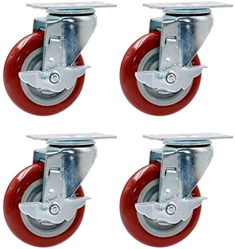 Möbelrollen, Lenkrollen, Industrie-Schwerlastrollen, 4er-Pack, drehbar, rot, Tragkraft 450 kg (992 lbs), verschleißfest, geräuschlos, austauschbar für Trolley-Werkbank, Größe: 5 Zoll, Farbe: Fest -A(