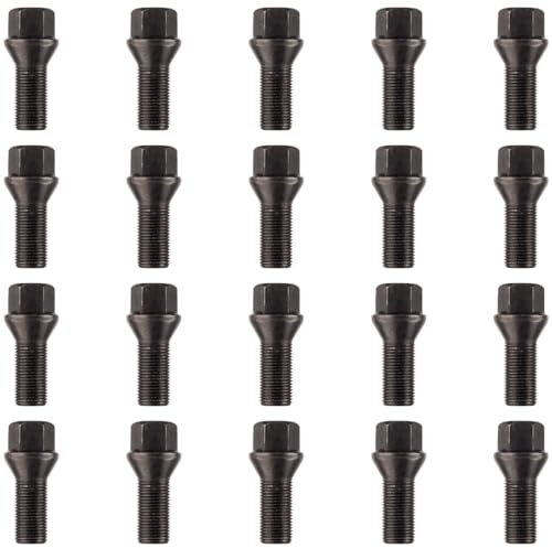 RYBO Set of 20 Alloy Wheel Bolts M14 x 1.25, 27mm Thread, Taper Seat, 17mm Hex (Black)