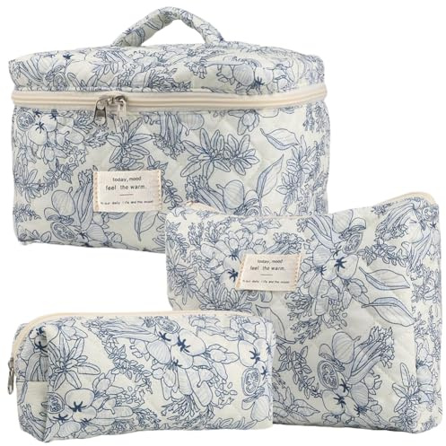 Lot de 3 Trousse de Toilette Matelassée Femme en Coton Doux, Trousse de Maquillage Fleurie, Trousse à Cosmétiques Matelassée à Fermeture Éclair, Trousse de Toilette Voyage de Grande Capacité (D)