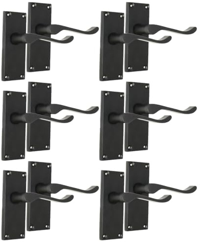 Epsom Door Handle Matt Black Scroll Door Handle Set - Victorian Style Internal and External Lever Door Handles with Backplate (6 Pair of Handles)