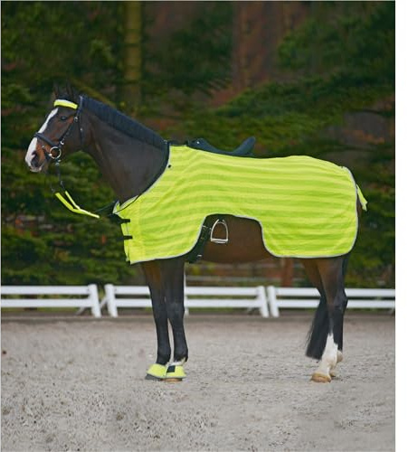 Marengos - Ausreitdecke Reflex – Neongelb – 145cm | Pferdedecke mit Sattelausschnitt – stark reflektierend & mit Silber-Leuchtstreifen – Outdoordecke für Pferde