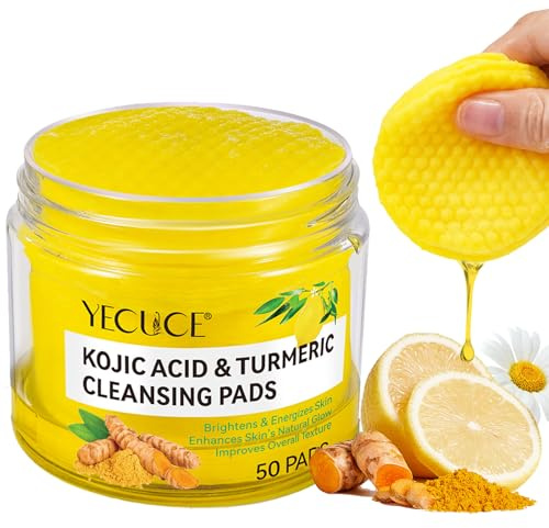 Kojic Acid and Turmeric Cleansing Pads, Exfoliating Face Pads Cleansing Cotton, Turmeric Pad - Exfoliating, Acne Scars, Unclog Pores with Chamomile, Lemon (50 count (Pack of 1))