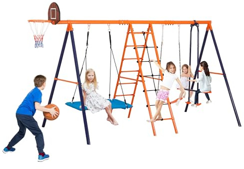 SUPER DEAL 6-in-1 Outdoor Swing Set for Kids, Heavy Duty Metal Playset with Adjustable Swings, Climbing Ladder, Rope Net, Swing Glider and Basketball Hoop, Backyard Playground Equipment for Ages 3-12