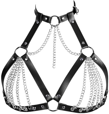 BAQOEYII Leather Bra CageStyle Shoulder Strap,Punk Layered Chest Chain,Punk Black Leather Chest Harness Body Waist Chain Belt Rave Nightclub Belly Bra Jewelry Accessor for Halloween Carnival