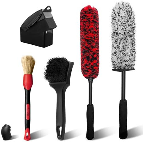 YeewayVeh Wheel Cleaning Kit, 5Pack Bendable Alloy Wheel Cleaning Brush and Microfiber Wheel Cleaner Brush, Tire Dressing Applicator and Car Detailing Brush for Wheel Care and Cleaning Kit, Red