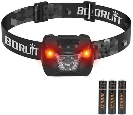 BORUIT BR01 Stirnlampe LED, Rotlichtlampe AAA-Batterie Superhelle mit 4 Lichtmodi, IP66 Wasserdicht Kopflampe für Erwachsene Kinder Camping Joggen Wandern Angeln