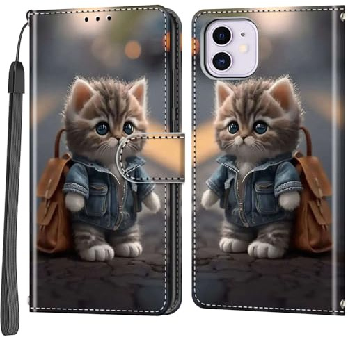 Salanheo Handyhülle für iPhone 11 Hülle, Katze | Kartenfach, Standfunktion, Magnetische, Klappbar PU Lederhülle, Stoßfeste, Faltbar Klapphülle, Handytasche