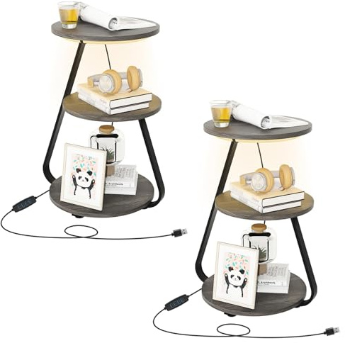 ARTETHYS Side Table Set of 2, Small Round Coffee Table, Grey | 3 Color LED Lights, Bedside Sofa Side Tables for Living Room, 3 Tier Storage Shelves, End Tables with Adjustable Feet
