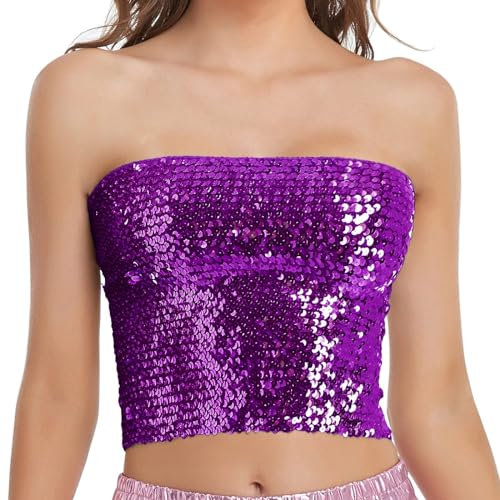 Bandeau Top Mujer Lentejuelas Tubo Top Sexy Tirantes Sin Hombros Sin Mangas Brillo Tops sin Mangas Y2k Slim Fit Crop Tops Festiva Moda Blusa Camis Chaleco Carnaval Disfraces, morado, Talla única