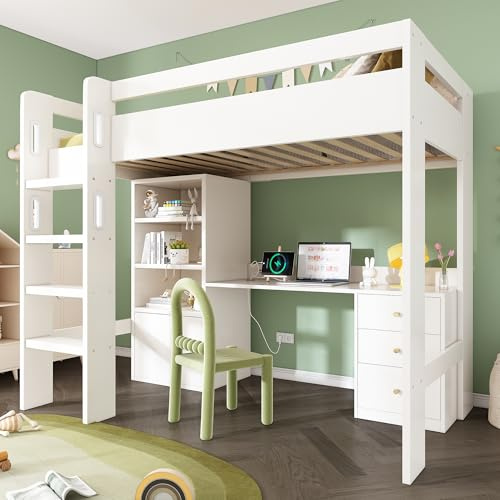 Merax Kinderbett Hochbett 90x200 cm, mit Schreibtisch(Ladefunktion), Stauschrank, Aktenschrank und Bücherregal, Multifunktionales Einzelbett mit Leiter und Stauraum, Ohne Matratze, Weiß/206x108x175cm