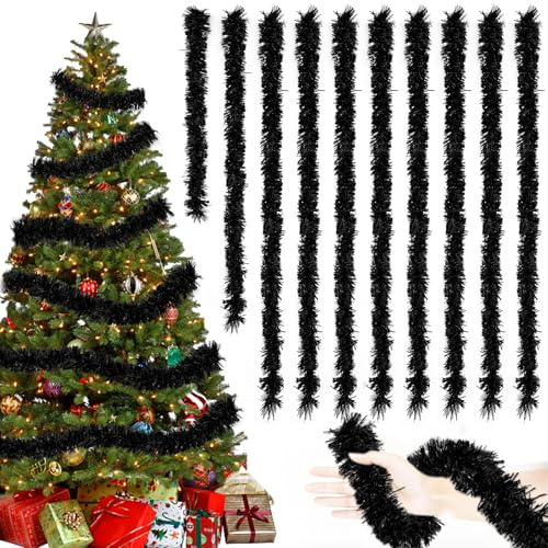 20M/Pack of 10 Lametta Weihnachtsbaum, Lametta Schwarz Girlande Weihnachten, Weihnachtsbaum Deko, Weihnachtsdeko Girlande, Lametta Girlande für Vorhänge, Zimmer, Party Weihnachtsfeierdekoration