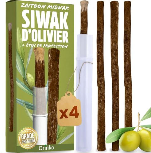 ORINKO® Miswak D'olivo x4 - Spazzolino Naturale per Denti - Bastoncini Sbiancanti Ecologici - Cura Dentale Tradizionale Araba - Pulizia Profonda e Freschezza Naturale
