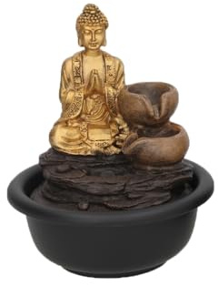 Fuente Decorativa Buda Zen con Cascada, 16x16x20 cm, Dorado y Marrón, para Decoración Interior