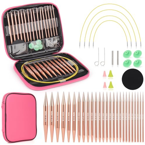Coopay Juego de Agujas Circulares Intercambiable, 3,0-10,0 mm, Agujas de Tejer Intercambiables, Aguja Circulares con Bolsa de Almacenamiento, 13 pares de Aguja Circulare Intercambiables (Oro Rosa)
