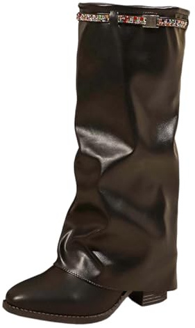 Generisch Stivaletti da donna Fold Over Stivali Slouch Block Tacchi Dressy Stivali al ginocchio Cowboy Stivali Western Stivali da donna con chiusura lampo retrò, Nero , 41 EU
