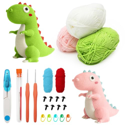 CEWROM virkset för nybörjare, virkade startkit, nybörjare för vuxna och barn, amigurumi virkningsset djur-steg-för-steg-video-tutorialer, virkningsset barn, nybörjare virkgarn, dinosaurier