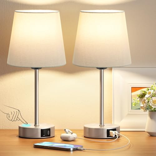PreeOtti Nachttischlampe Touch Dimmbar 2er Set, Tischlampe mit Ladefunktion USB A+C-Anschlüssen 2 LED Birnen, Graue-Lampenschirm, Kleine Lampe für Nachttisch Schlafzimmer Wohnzimmer Babyzimmer Büro