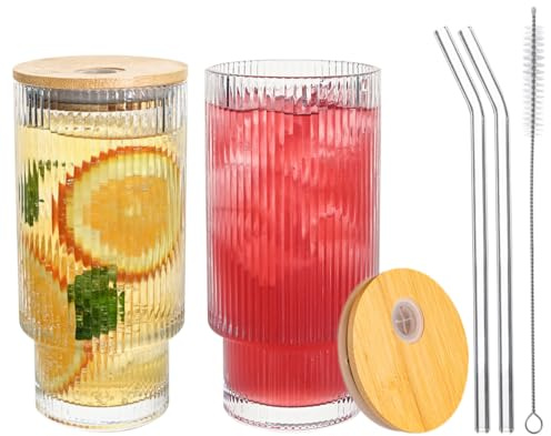 MRZIKPO 2 Stück 500 ml Gerippte Glasbecher mit Deckel und Strohhalm, dickwandige und robuste Smoothie Becher aus hochwertigem Glas, luftdichtes und wasserdichtes Design, ideal als Kaffee