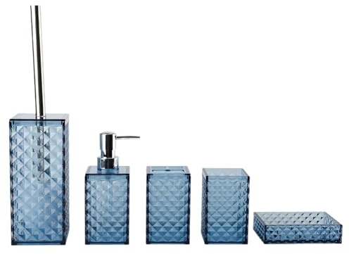 Fiocias Juego de 5 Piezas: Jabonera, Dispensador de Jabón, Portacepillos de Dientes, Vaso de Baño, Accesorios de Baño, PP de Fácil Limpieza, Azul Oscuro, Individual