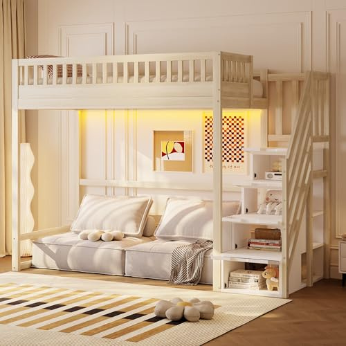 Zravenna Hochbett 90x200 mit Sicherheits-Aufbewahrungstreppe, Jugendbett Kinderbett mit Stauraumtreppe und Sicherheitsgeländer, Bettgestell aus massivem Kiefernholz (Natur B, 90cm*200cm)