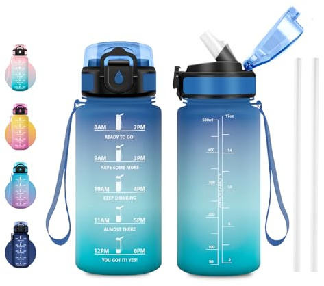 JAPORIA Trinkflasche 500ml Auslaufsicher, Wasserflasche mit Strohhalm, Kohlensäure Geeignet, Sportflasche mit Zeitmarkierung für Reisen, Gym