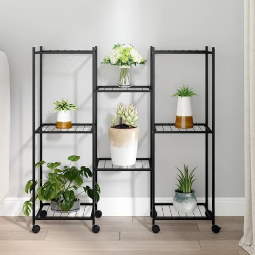 Ziaphsol Soporte para flores con ruedas de hierro con recubrimiento en polvo, 83 x 25 x 83,5 cm, color negro, soporte para plantas, estantería para plantas, escaleras para esquina, balcón y terraza