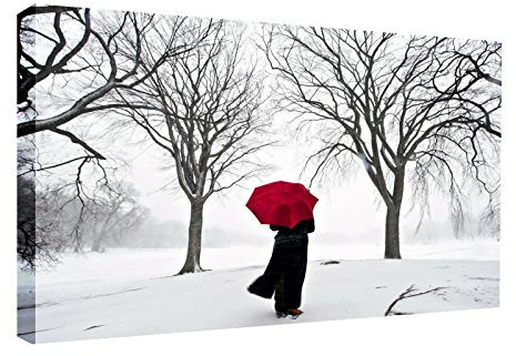 Leinwand (9 Größen in) rot Regenschirm im Schnee Modern Art Wand Leinwanddruck Photo/Foto/Bild/Geschenk, 50 x 35cm/20 x 14inch