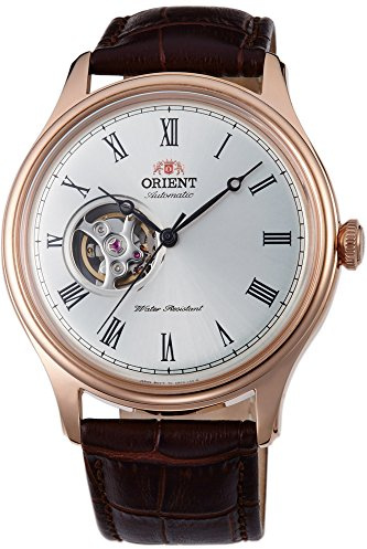 Orient Automatik Herren Armbanduhr aus Edelstahl und Leder in der Farbe Roségold-Braun 43mm, Wasserdichtigkeit: 5Bar, FAG00001S0
