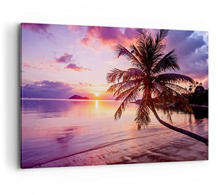 ARTTOR Leinwandbild 100x70cm Wandbild Landschaften Natur - 3912 | Strand Meer Palme Groß Wanddekoration Wohnzimmer Schlafzimmer Küche Wanddeko Wand Kunstdruck Wandkunst Wall Decor ARTTOR