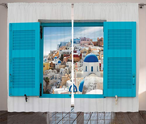 ABAKUHAUS Griechenland Rustikaler Vorhang, Fenster alte Fensterläden, Wohnzimmer Universalband Gardinen mit Schlaufen und Haken, 280 x 245 cm, Azur blau