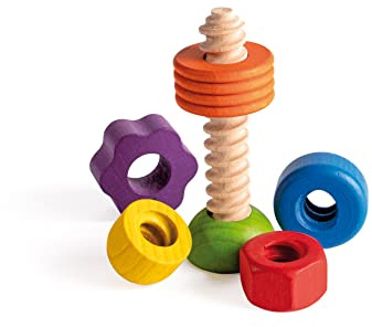 Erzi 42527 Schraubenspiel Regenbogen aus Holz, Lernmaterial, für Kinder | Benennen von Formen und Farben