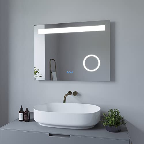 AQUABATOS 80x60cm Badspiegel mit Beleuchtung Badezimmerspiegel LED Lichtspiegel Wandspiegel. Touch-Schalter Dimmbar,Schminkspiegel, Kaltweiß 6400K, Warmweiß 3000K, Spiegelheizung, IP44, CE